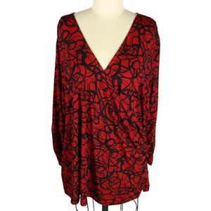 SUSAN GRAVER Size 1X Red Black Squiggle Surplice Ruched Sleeve Liquid Knit Top